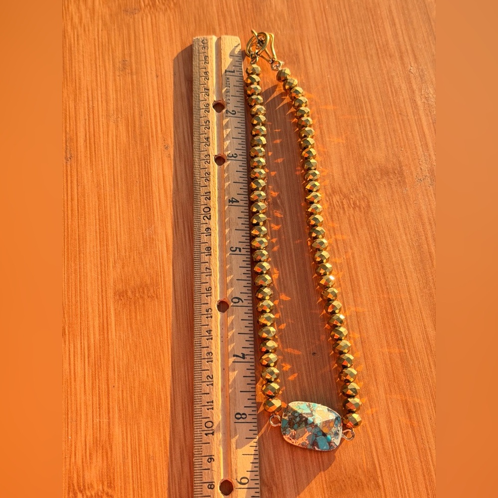 Golden Crystal and Faux Turquoise Beaded Necklace 16” - Picture 5 of 7